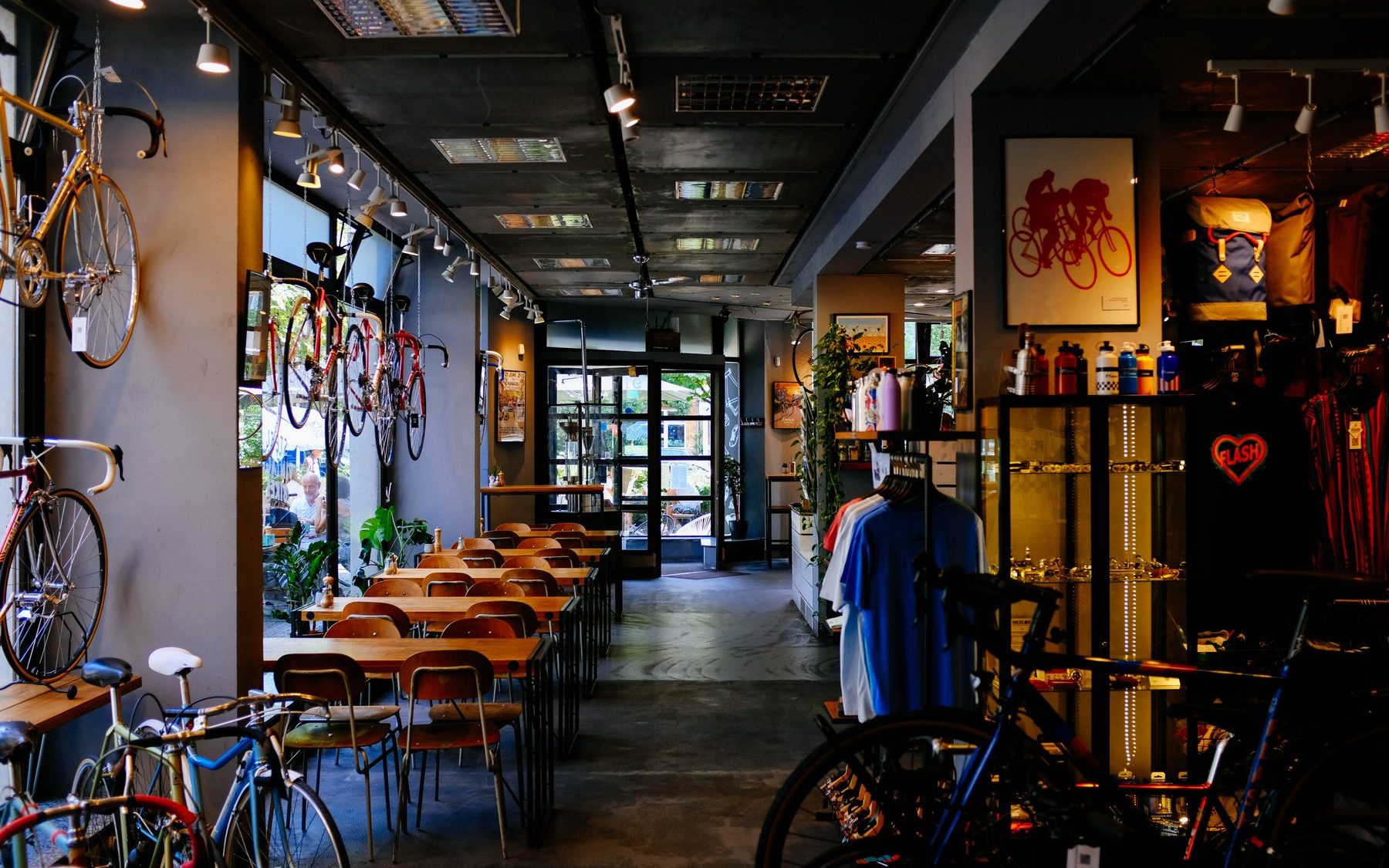 Bike shop floor with bikes and cycling clothing on display